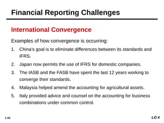 1-33
International Convergence
Examples of how convergence is occurring:
1. China’s goal is to eliminate differences between its standards and
IFRS.
2. Japan now permits the use of IFRS for domestic companies.
3. The IASB and the FASB have spent the last 12 years working to
converge their standards.
4. Malaysia helped amend the accounting for agricultural assets.
5. Italy provided advice and counsel on the accounting for business
combinations under common control.
LO 4
Financial Reporting Challenges
 