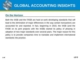 1-40
On the Horizon
Both the IASB and the FASB are hard at work developing standards that will
lead to the elimination of major di erences in the way certain transactions are
ﬀ
accounted for and reported. In fact, beginning in 2010, the IASB (and the
FASB on its joint projects with the IASB) started its policy of phasing in
adoption of new major standards over several years. The major reason for this
policy is to provide companies time to translate and implement international
standards into practice.
GLOBAL ACCOUNTING INSIGHTS
LO 5
 