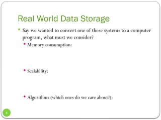 Real World Data Storage
 Say we wanted to convert one of these systems to a computer
program, what must we consider?
 Memory consumption:
 Scalability:
 Algorithms (which ones do we care about?):
8
 