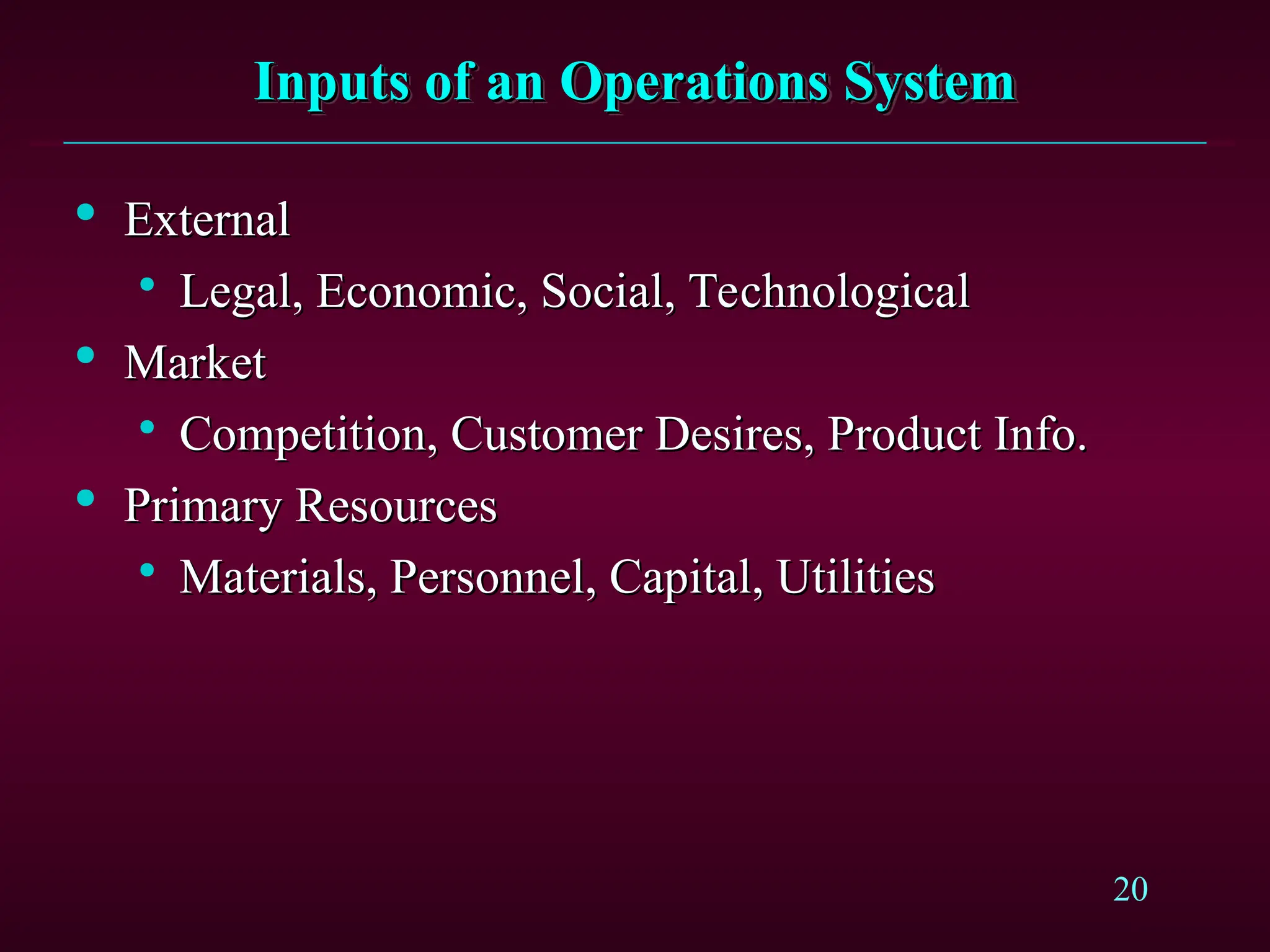 20
Inputs of an Operations System
Inputs of an Operations System

External
External

Legal, Economic, Social, Technological
Legal, Economic, Social, Technological

Market
Market

Competition, Customer Desires, Product Info.
Competition, Customer Desires, Product Info.

Primary Resources
Primary Resources

Materials, Personnel, Capital, Utilities
Materials, Personnel, Capital, Utilities
 