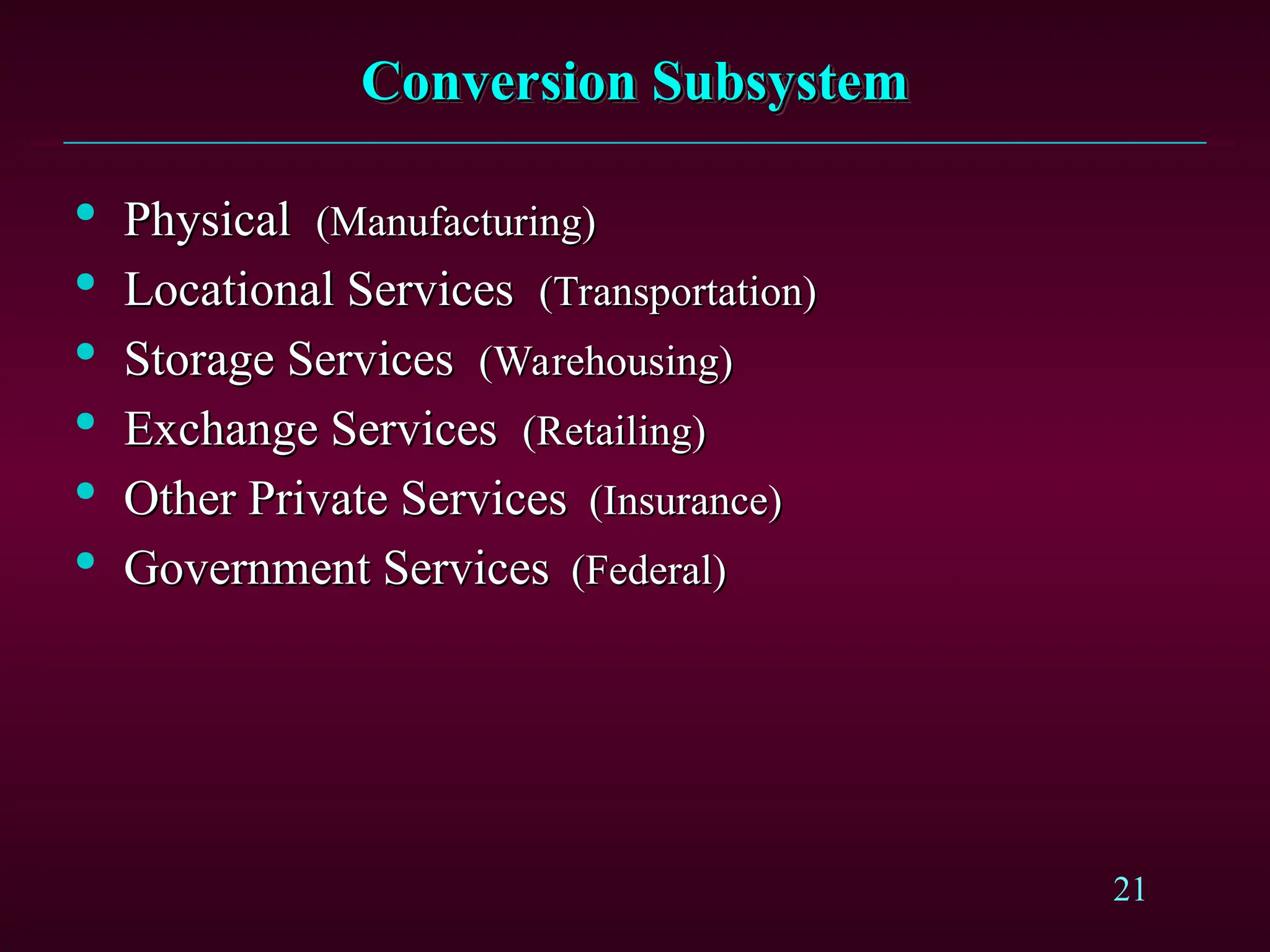 21
Conversion Subsystem
Conversion Subsystem

Physical
Physical (Manufacturing)
(Manufacturing)

Locational Services
Locational Services (Transportation)
(Transportation)

Storage Services
Storage Services (Warehousing)
(Warehousing)

Exchange Services
Exchange Services (Retailing)
(Retailing)

Other Private Services
Other Private Services (Insurance)
(Insurance)

Government Services
Government Services (Federal)
(Federal)
 