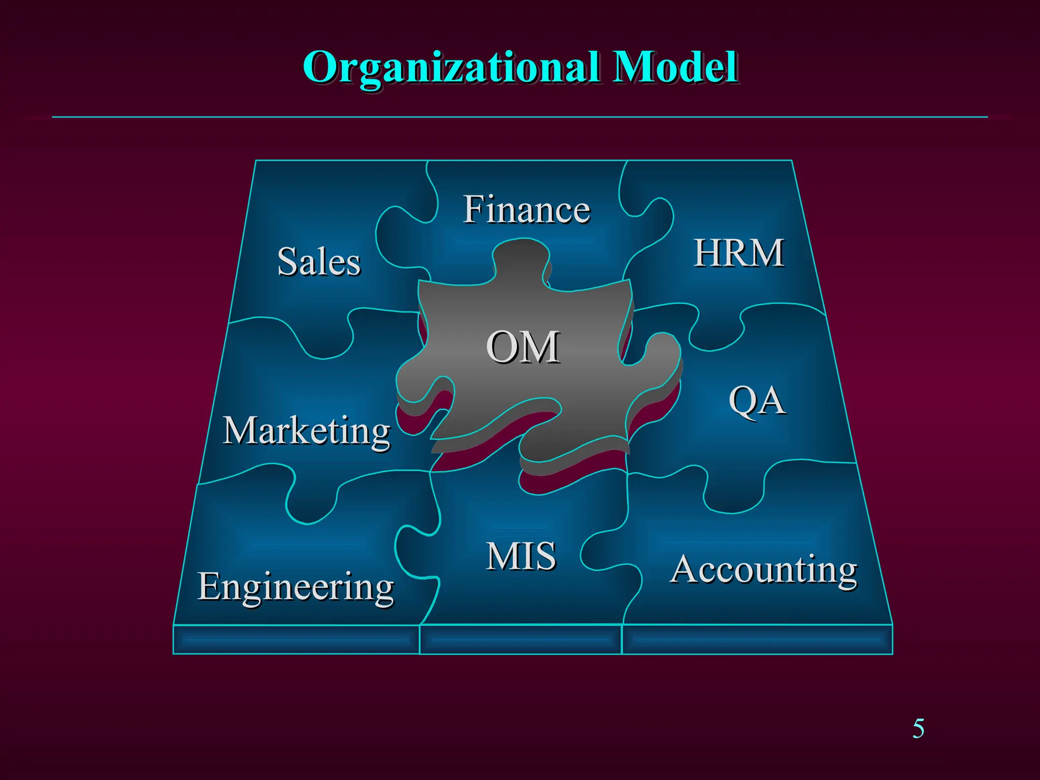 5
Organizational Model
Organizational Model
Marketing
Marketing
MIS
MIS
Engineering
Engineering
HRM
HRM
QA
QA
Accounting
Accounting
Sales
Sales
Finance
Finance
OM
OM
 