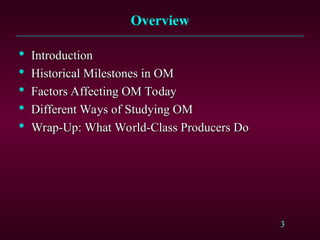 3
Overview
Overview

Introduction
Introduction

Historical Milestones in OM
Historical Milestones in OM

Factors Affecting OM Today
Factors Affecting OM Today

Different Ways of Studying OM
Different Ways of Studying OM

Wrap-Up: What World-Class Producers Do
Wrap-Up: What World-Class Producers Do
 