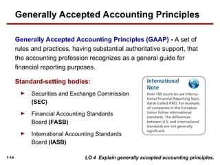 1-14
Generally Accepted Accounting Principles (GAAP) - A set of
rules and practices, having substantial authoritative support, that
the accounting profession recognizes as a general guide for
financial reporting purposes.
Standard-setting bodies:
► Securities and Exchange Commission
(SEC)
► Financial Accounting Standards
Board (FASB)
► International Accounting Standards
Board (IASB)
Generally Accepted Accounting Principles
LO 4 Explain generally accepted accounting principles.
 
