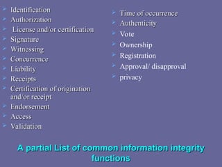 A partial List of common information integrity
A partial List of common information integrity
functions
functions
 Identification
Identification
 Authorization
Authorization
 License and/or certification
License and/or certification
 Signature
Signature
 Witnessing
Witnessing
 Concurrence
Concurrence
 Liability
Liability
 Receipts
Receipts
 Certification of origination
Certification of origination
and/or receipt
and/or receipt
 Endorsement
Endorsement
 Access
Access
 Validation
Validation
 Time of occurrence
Time of occurrence
 Authenticity
Authenticity
 Vote
 Ownership
 Registration
 Approval/ disapproval
 privacy
 