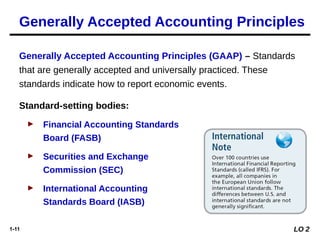 1-11
Generally Accepted Accounting Principles (GAAP) – Standards
that are generally accepted and universally practiced. These
standards indicate how to report economic events.
Standard-setting bodies:
► Financial Accounting Standards
Board (FASB)
► Securities and Exchange
Commission (SEC)
► International Accounting
Standards Board (IASB)
Generally Accepted Accounting Principles
LO 2
 