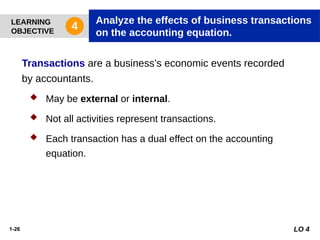 1-26
Transactions are a business’s economic events recorded
by accountants.
 May be external or internal.
 Not all activities represent transactions.
 Each transaction has a dual effect on the accounting
equation.
LO 4
LEARNING
OBJECTIVE
Analyze the effects of business transactions
on the accounting equation.
4
 
