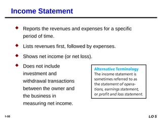1-50
 Reports the revenues and expenses for a specific
period of time.
 Lists revenues first, followed by expenses.
 Shows net income (or net loss).
Income Statement
LO 5
 Does not include
investment and
withdrawal transactions
between the owner and
the business in
measuring net income.
 