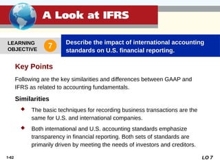 1-62
Key Points
Following are the key similarities and differences between GAAP and
IFRS as related to accounting fundamentals.
Similarities
 The basic techniques for recording business transactions are the
same for U.S. and international companies.
 Both international and U.S. accounting standards emphasize
transparency in financial reporting. Both sets of standards are
primarily driven by meeting the needs of investors and creditors.
LO 7
LEARNING
OBJECTIVE
Describe the impact of international accounting
standards on U.S. financial reporting.
7
 