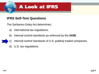1-67
The Sarbanes-Oxley Act determines:
a) international tax regulations.
b) internal control standards as enforced by the IASB.
c) internal control standards of U.S. publicly traded companies.
d) U.S. tax regulations.
A Look at IFRS
IFRS Self-Test Questions
LO 7
 