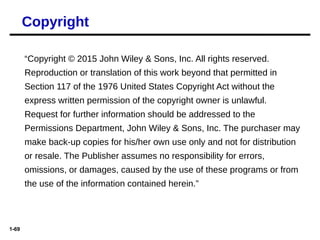 1-69
“Copyright © 2015 John Wiley & Sons, Inc. All rights reserved.
Reproduction or translation of this work beyond that permitted in
Section 117 of the 1976 United States Copyright Act without the
express written permission of the copyright owner is unlawful.
Request for further information should be addressed to the
Permissions Department, John Wiley & Sons, Inc. The purchaser may
make back-up copies for his/her own use only and not for distribution
or resale. The Publisher assumes no responsibility for errors,
omissions, or damages, caused by the use of these programs or from
the use of the information contained herein.”
Copyright
 
