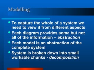 Modelling
Modelling
To capture the whole of a system we
need to view it from different aspects
Each diagram provides some but not
all of the information – abstraction
Each model is an abstraction of the
complete system
System is broken down into small
workable chunks - decomposition
 