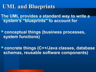 UML and Blueprints
UML and Blueprints
The UML provides a standard way to write a
system’s “blueprints” to account for
conceptual things (business processes,
system functions)
concrete things (C++/Java classes, database
schemas, reusable software components)
 