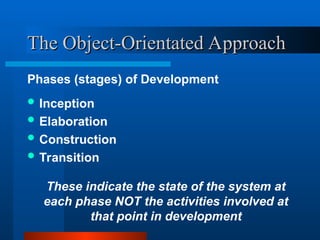 The Object-Orientated Approach
The Object-Orientated Approach
Phases (stages) of Development
 Inception
 Elaboration
 Construction
 Transition
These indicate the state of the system at
each phase NOT the activities involved at
that point in development
 