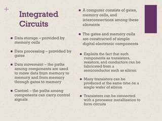 +
Integrated
Circuits
◼ A computer consists of gates,
memory cells, and
interconnections among these
elements
◼ The gates and memory cells
are constructed of simple
digital electronic components
◼ Data storage – provided by
memory cells
◼ Data processing – provided by
gates
◼ Data movement – the paths
among components are used
to move data from memory to
memory and from memory
through gates to memory
◼ Control – the paths among
components can carry control
signals
◼ Exploits the fact that such
components as transistors,
resistors, and conductors can be
fabricated from a
semiconductor such as silicon
◼ Many transistors can be
produced at the same time on a
single wafer of silicon
◼ Transistors can be connected
with a processor metallization to
form circuits
 