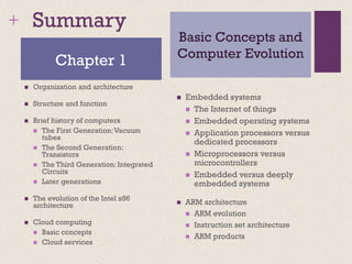 + Summary
◼ Organization and architecture
◼ Structure and function
◼ Brief history of computers
◼ The First Generation:Vacuum
tubes
◼ The Second Generation:
Transistors
◼ The Third Generation: Integrated
Circuits
◼ Later generations
◼ The evolution of the Intel x86
architecture
◼ Cloud computing
◼ Basic concepts
◼ Cloud services
◼ Embedded systems
◼ The Internet of things
◼ Embedded operating systems
◼ Application processors versus
dedicated processors
◼ Microprocessors versus
microcontrollers
◼ Embedded versus deeply
embedded systems
◼ ARM architecture
◼ ARM evolution
◼ Instruction set architecture
◼ ARM products
Chapter 1
Basic Concepts and
Computer Evolution
 