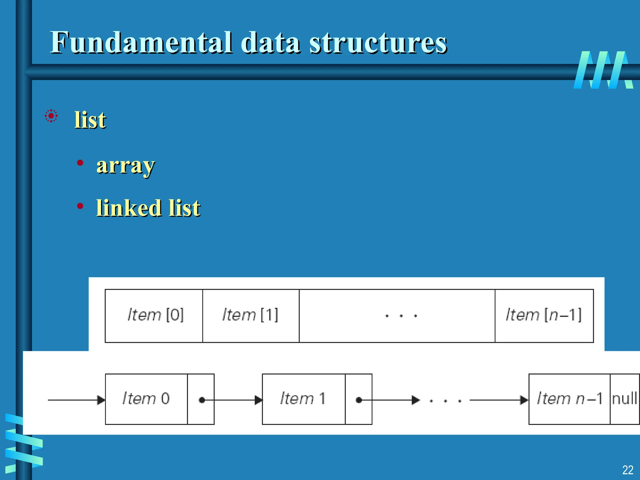 22
Fundamental data structures
Fundamental data structures
 list
list
• array
array
• linked list
linked list
 