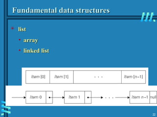 22
Fundamental data structures
Fundamental data structures
 list
list
• array
array
• linked list
linked list
 