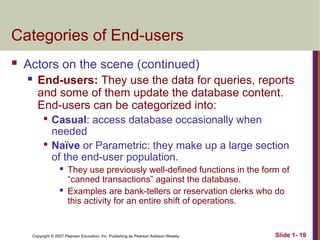 Copyright © 2007 Pearson Education, Inc. Publishing as Pearson Addison-Wesley Slide 1- 19
Categories of End-users
 Actors on the scene (continued)
 End-users: They use the data for queries, reports
and some of them update the database content.
End-users can be categorized into:

Casual: access database occasionally when
needed

Naïve or Parametric: they make up a large section
of the end-user population.
 They use previously well-defined functions in the form of
“canned transactions” against the database.
 Examples are bank-tellers or reservation clerks who do
this activity for an entire shift of operations.
 