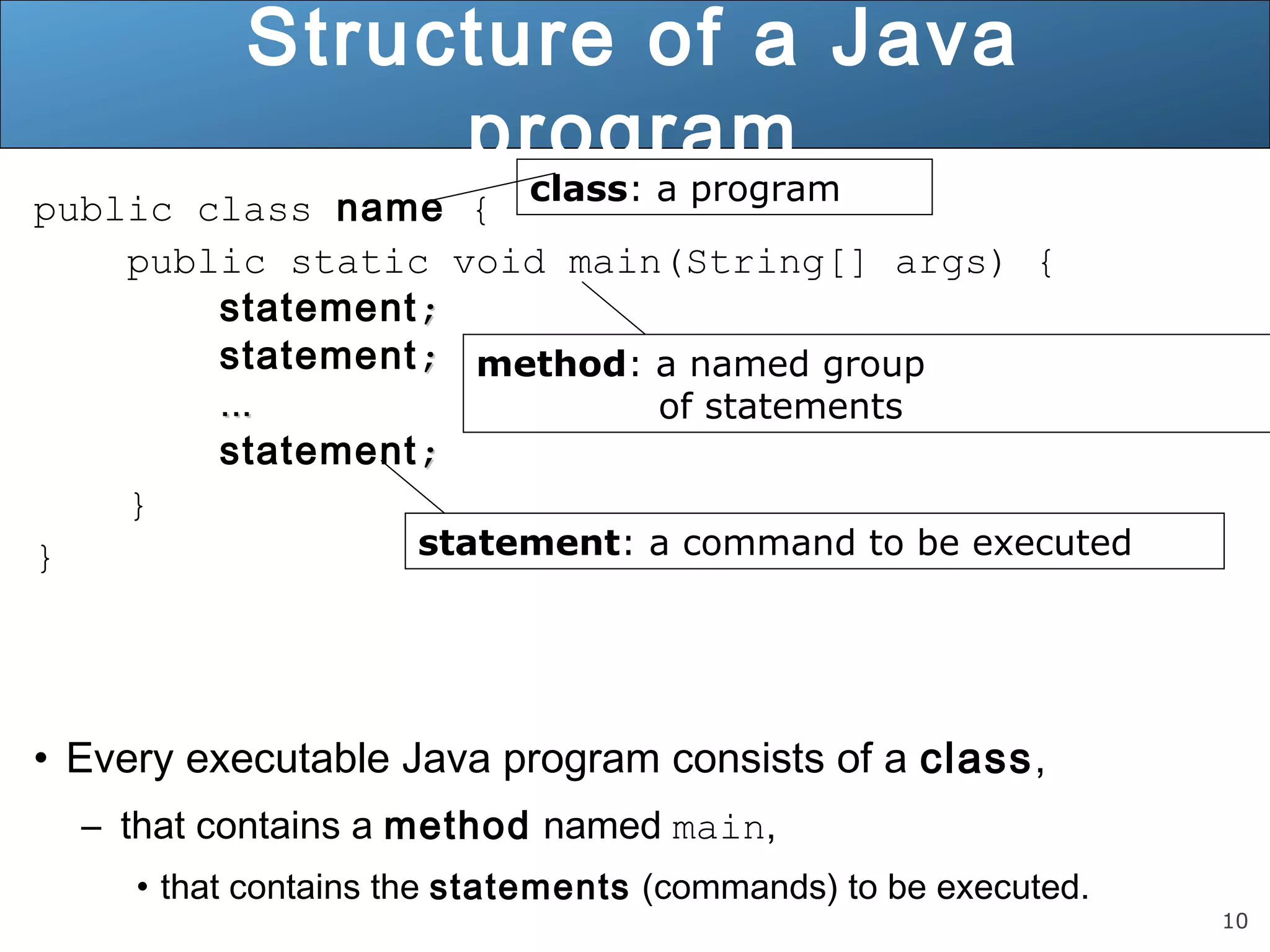 10 Structure of a Java program public class name { class: a program public static void main(String[] args) { statement;; statement;; ...... statement;; } } method: a named group of statements statement: a command to be executed • Every executable Java program consists of a class, – that contains a method named main, • that contains the statements (commands) to be executed. 