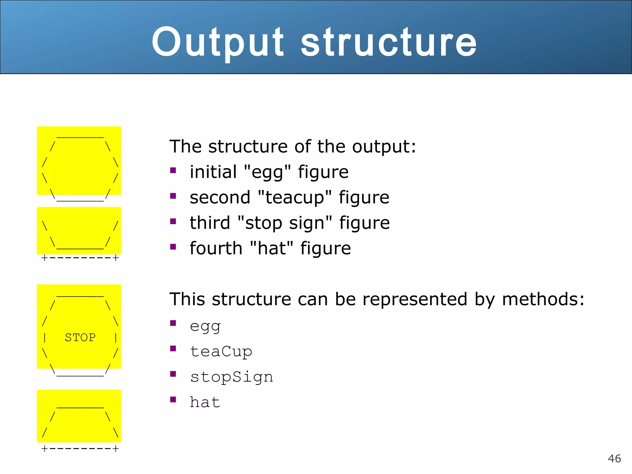 46 Output structure ______ / / / ______/ / ______/ +--------+ ______ / / | STOP | / ______/ ______ / / +--------+ The structure of the output:  initial "egg" figure  second "teacup" figure  third "stop sign" figure  fourth "hat" figure This structure can be represented by methods:  egg  teaCup  stopSign  hat 