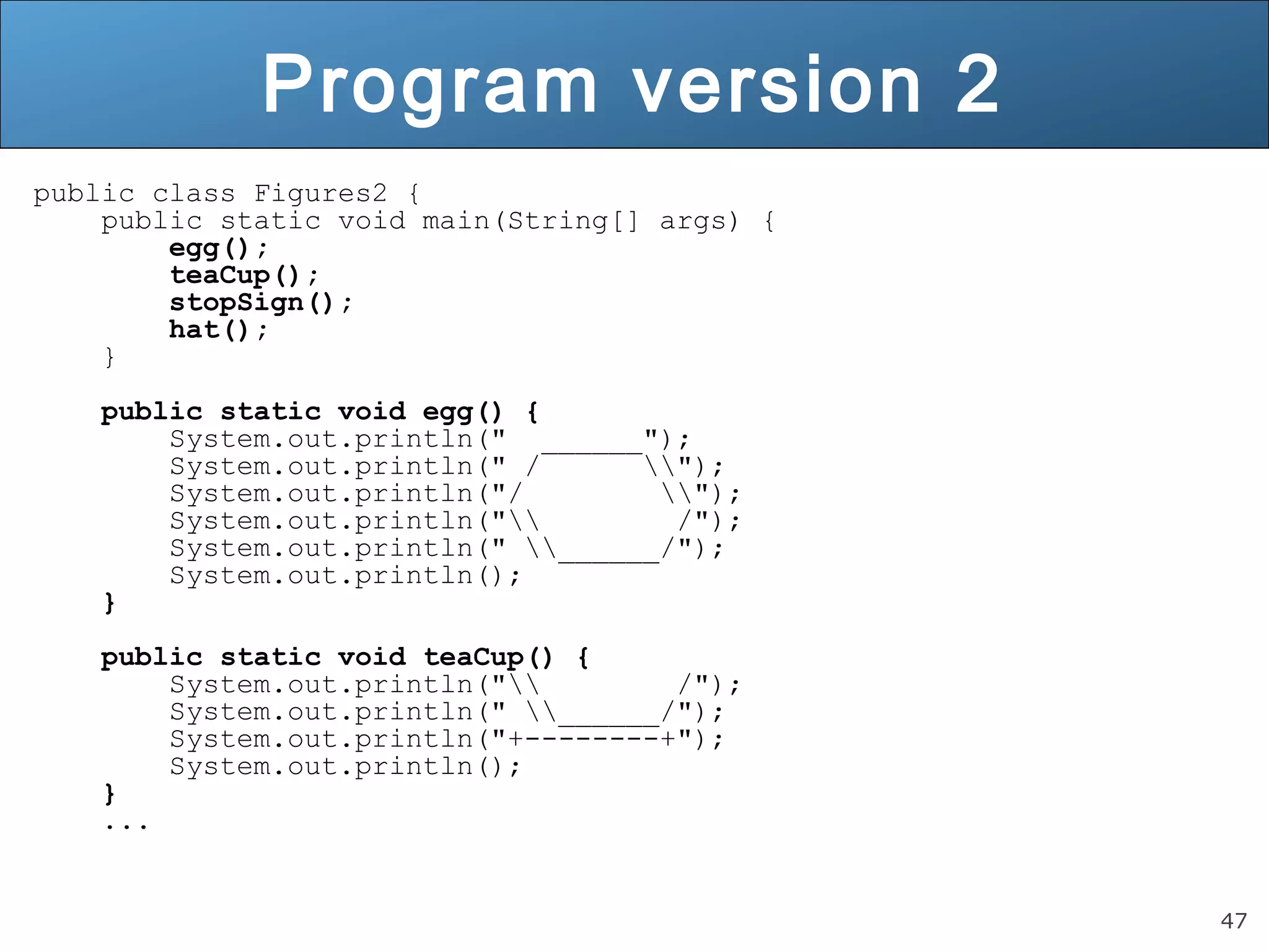 47 Program version 2 public class Figures2 { public static void main(String[] args) { egg(); teaCup(); stopSign(); hat(); } public static void egg() { System.out.println(" ______"); System.out.println(" / "); System.out.println("/ "); System.out.println(" /"); System.out.println(" ______/"); System.out.println(); } public static void teaCup() { System.out.println(" /"); System.out.println(" ______/"); System.out.println("+--------+"); System.out.println(); } ... 