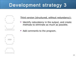 49 
Development strategy 3 
______ 
/  
/  
 / 
______/ 
 / 
______/ 
+--------+ 
______ 
/  
/  
| STOP | 
 / 
______/ 
_...