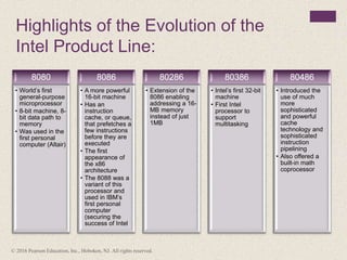 Highlights of the Evolution of the
Intel Product Line:
8080
• World’s first
general-purpose
microprocessor
• 8-bit machine, 8-
bit data path to
memory
• Was used in the
first personal
computer (Altair)
8086
• A more powerful
16-bit machine
• Has an
instruction
cache, or queue,
that prefetches a
few instructions
before they are
executed
• The first
appearance of
the x86
architecture
• The 8088 was a
variant of this
processor and
used in IBM’s
first personal
computer
(securing the
success of Intel
80286
• Extension of the
8086 enabling
addressing a 16-
MB memory
instead of just
1MB
80386
• Intel’s first 32-bit
machine
• First Intel
processor to
support
multitasking
80486
• Introduced the
use of much
more
sophisticated
and powerful
cache
technology and
sophisticated
instruction
pipelining
• Also offered a
built-in math
coprocessor
© 2016 Pearson Education, Inc., Hoboken, NJ. All rights reserved.
 