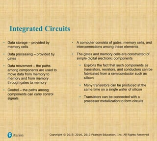 Copyright © 2019, 2016, 2013 Pearson Education, Inc. All Rights Reserved
Integrated Circuits
• A computer consists of gates, memory cells, and
interconnections among these elements
• The gates and memory cells are constructed of
simple digital electronic components
• Data storage – provided by
memory cells
• Data processing – provided by
gates
• Data movement – the paths
among components are used to
move data from memory to
memory and from memory
through gates to memory
• Control – the paths among
components can carry control
signals
• Exploits the fact that such components as
transistors, resistors, and conductors can be
fabricated from a semiconductor such as
silicon
• Many transistors can be produced at the
same time on a single wafer of silicon
• Transistors can be connected with a
processor metallization to form circuits
 