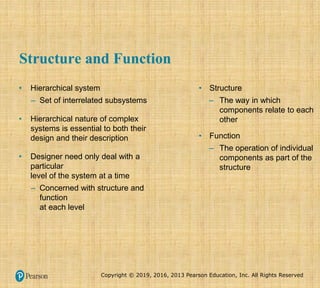 Copyright © 2019, 2016, 2013 Pearson Education, Inc. All Rights Reserved
Structure and Function
• Hierarchical system
– Set of interrelated subsystems
• Hierarchical nature of complex
systems is essential to both their
design and their description
• Designer need only deal with a
particular
level of the system at a time
– Concerned with structure and
function
at each level
• Structure
– The way in which
components relate to each
other
• Function
– The operation of individual
components as part of the
structure
 