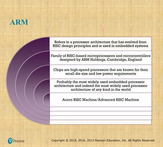 Copyright © 2019, 2016, 2013 Pearson Education, Inc. All Rights Reserved
ARM
Refers to a processor architecture that has evolved from
RISC design principles and is used in embedded systems
Family of RISC-based microprocessors and microcontrollers
designed by ARM Holdings, Cambridge, England
Chips are high-speed processors that are known for their
small die size and low power requirements
Probably the most widely used embedded processor
architecture and indeed the most widely used processor
architecture of any kind in the world
Acorn RISC Machine/Advanced RISC Machine
 