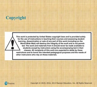 Copyright © 2019, 2016, 2013 Pearson Education, Inc. All Rights Reserved
Copyright
This work is protected by United States copyright laws and is provided solely
for the use of instructions in teaching their courses and assessing student
learning. dissemination or sale of any part of this work (including on the
World Wide Web) will destroy the integrity of the work and is not permit-
ted. The work and materials from it should never be made available to
students except by instructors using the accompanying text in their
classes. All recipients of this work are expected to abide by these
restrictions and to honor the intended pedagogical purposes and the needs of
other instructors who rely on these materials.
 