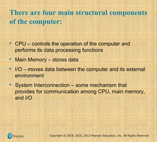 Copyright © 2019, 2016, 2013 Pearson Education, Inc. All Rights Reserved
There are four main structural components
of the computer:
• CPU – controls the operation of the computer and
performs its data processing functions
• Main Memory – stores data
• I/O – moves data between the computer and its external
environment
• System Interconnection – some mechanism that
provides for communication among CPU, main memory,
and I/O
 