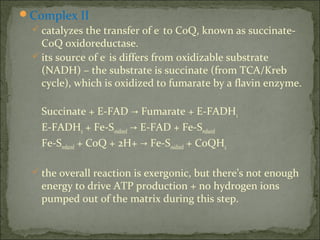 Complex II
   catalyzes the transfer of e- to CoQ, known as succinate-
    CoQ oxidoreductase.
   its source of e- is differs from oxidizable substrate
    (NADH) – the substrate is succinate (from TCA/Kreb
    cycle), which is oxidized to fumarate by a flavin enzyme.

    Succinate + E-FAD → Fumarate + E-FADH2
    E-FADH2 + Fe-Soxidized → E-FAD + Fe-Sreduced
    Fe-Sreduced + CoQ + 2H+ → Fe-Soxidized + CoQH2

   the overall reaction is exergonic, but there’s not enough
    energy to drive ATP production + no hydrogen ions
    pumped out of the matrix during this step.
 