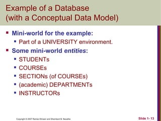 Example of a Database
(with a Conceptual Data Model)


Mini-world for the example:




Part of a UNIVERSITY environment.

Some mini-world entities:






STUDENTs
COURSEs
SECTIONs (of COURSEs)
(academic) DEPARTMENTs
INSTRUCTORs

Copyright © 2007 Ramez Elmasri and Shamkant B. Navathe

Slide 1- 13

 
