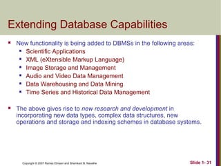 Extending Database Capabilities


New functionality is being added to DBMSs in the following areas:
 Scientific Applications
 XML (eXtensible Markup Language)
 Image Storage and Management
 Audio and Video Data Management
 Data Warehousing and Data Mining
 Time Series and Historical Data Management



The above gives rise to new research and development in
incorporating new data types, complex data structures, new
operations and storage and indexing schemes in database systems.

Copyright © 2007 Ramez Elmasri and Shamkant B. Navathe

Slide 1- 31

 