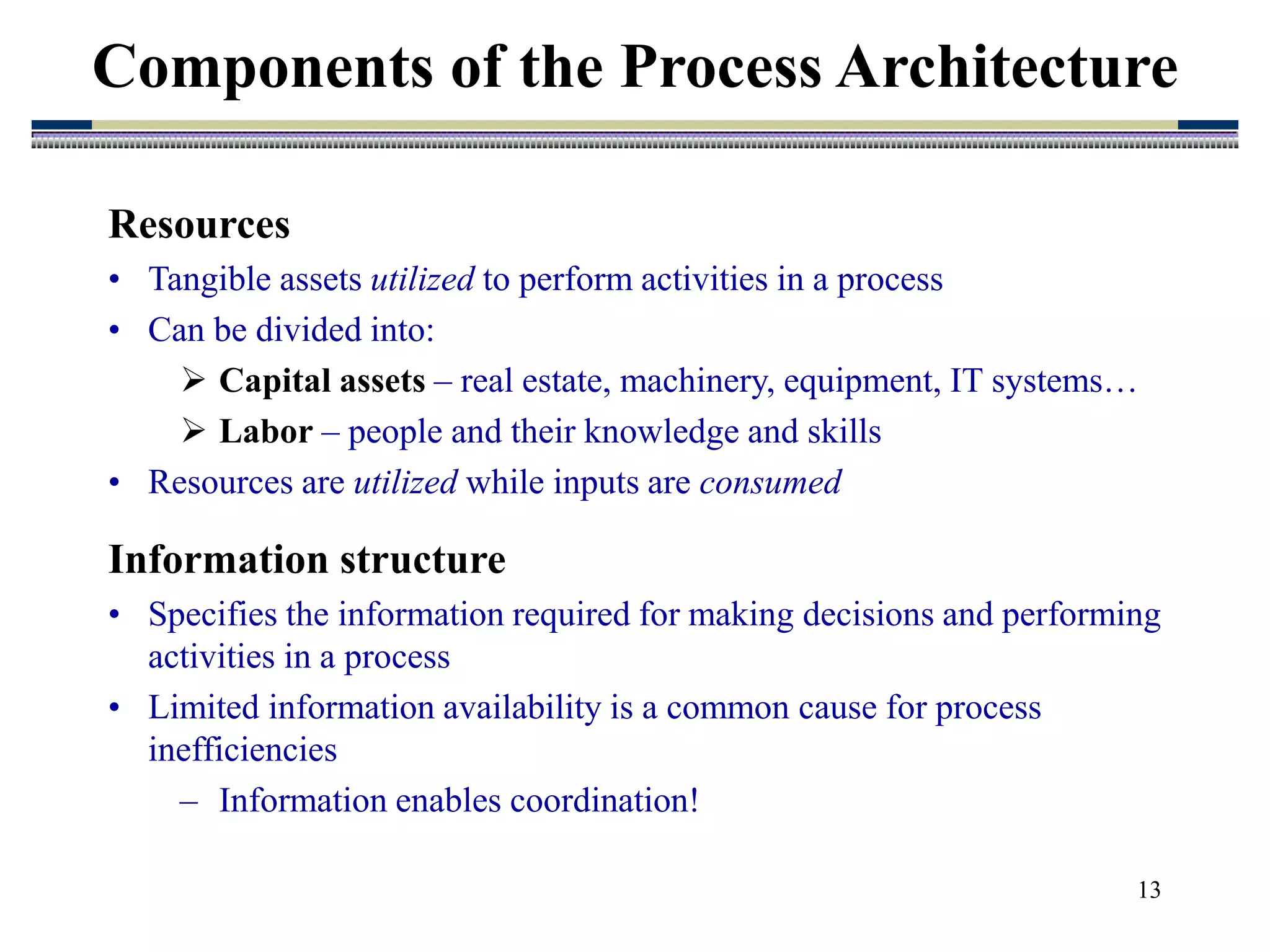 13
Components of the Process Architecture
Resources
• Tangible assets utilized to perform activities in a process
• Can be divided into:
 Capital assets – real estate, machinery, equipment, IT systems…
 Labor – people and their knowledge and skills
• Resources are utilized while inputs are consumed
Information structure
• Specifies the information required for making decisions and performing
activities in a process
• Limited information availability is a common cause for process
inefficiencies
– Information enables coordination!
 