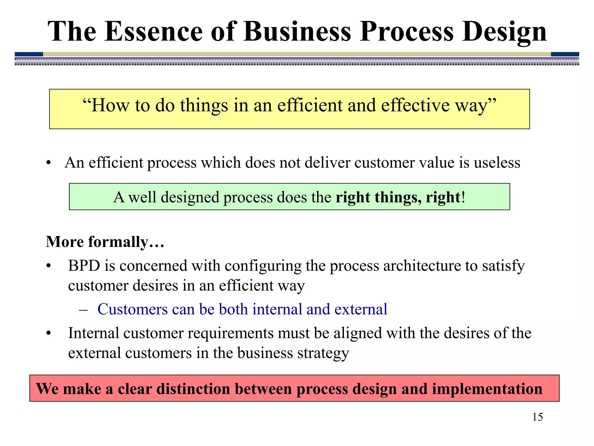 15
The Essence of Business Process Design
• An efficient process which does not deliver customer value is useless
“How to do things in an efficient and effective way”
A well designed process does the right things, right!
More formally…
• BPD is concerned with configuring the process architecture to satisfy
customer desires in an efficient way
– Customers can be both internal and external
• Internal customer requirements must be aligned with the desires of the
external customers in the business strategy
We make a clear distinction between process design and implementation
 
