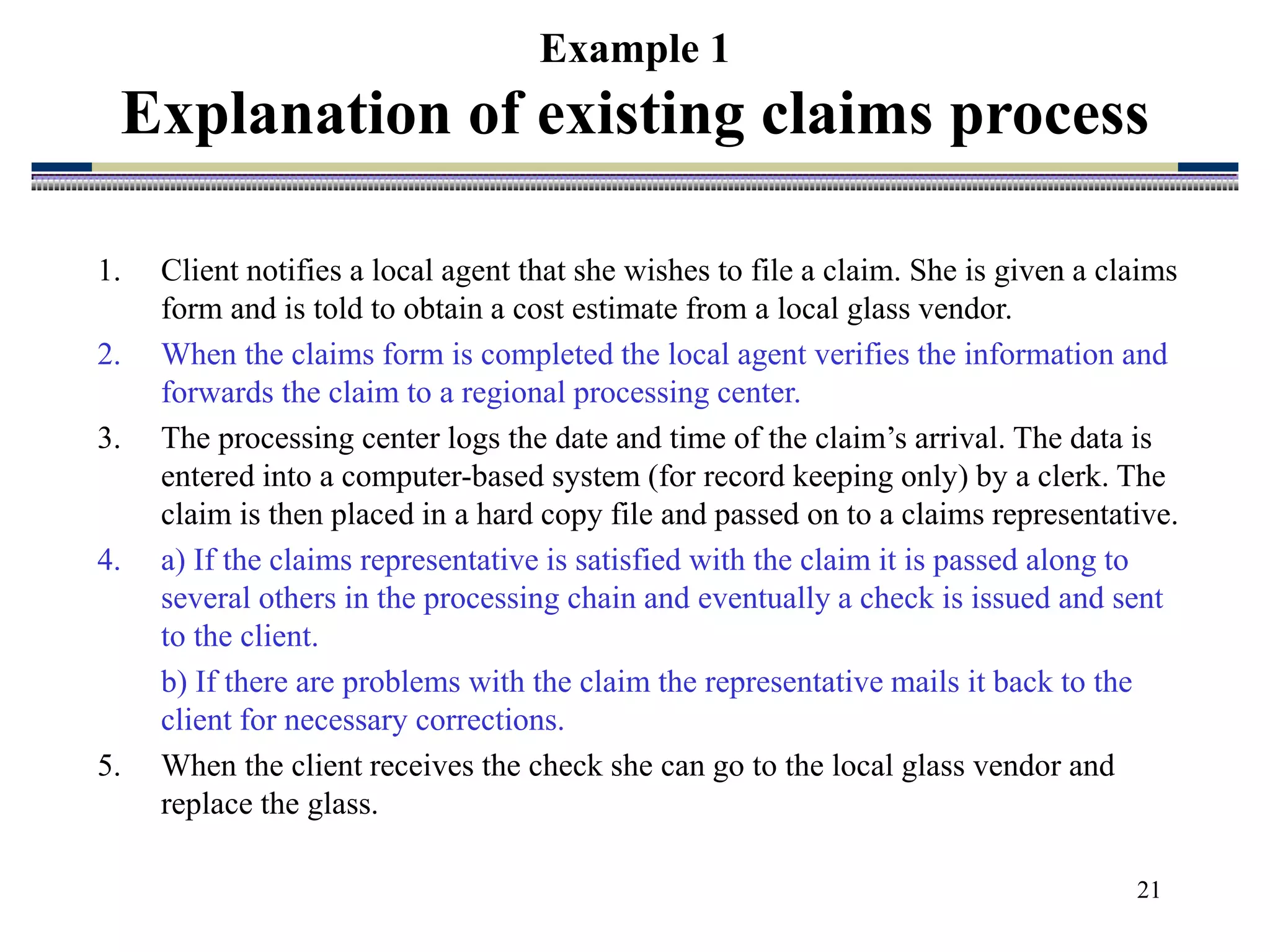 21
Example 1
Explanation of existing claims process
1. Client notifies a local agent that she wishes to file a claim. She is given a claims
form and is told to obtain a cost estimate from a local glass vendor.
2. When the claims form is completed the local agent verifies the information and
forwards the claim to a regional processing center.
3. The processing center logs the date and time of the claim’s arrival. The data is
entered into a computer-based system (for record keeping only) by a clerk. The
claim is then placed in a hard copy file and passed on to a claims representative.
4. a) If the claims representative is satisfied with the claim it is passed along to
several others in the processing chain and eventually a check is issued and sent
to the client.
b) If there are problems with the claim the representative mails it back to the
client for necessary corrections.
5. When the client receives the check she can go to the local glass vendor and
replace the glass.
 