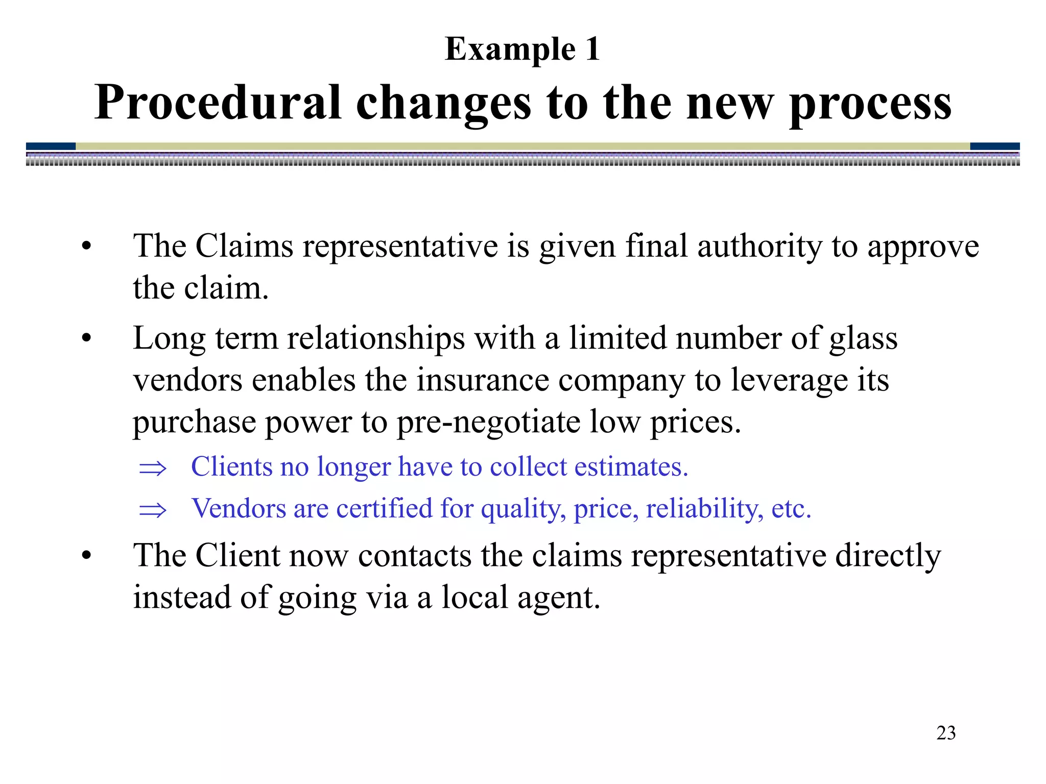 23
Example 1
Procedural changes to the new process
• The Claims representative is given final authority to approve
the claim.
• Long term relationships with a limited number of glass
vendors enables the insurance company to leverage its
purchase power to pre-negotiate low prices.
 Clients no longer have to collect estimates.
 Vendors are certified for quality, price, reliability, etc.
• The Client now contacts the claims representative directly
instead of going via a local agent.
 