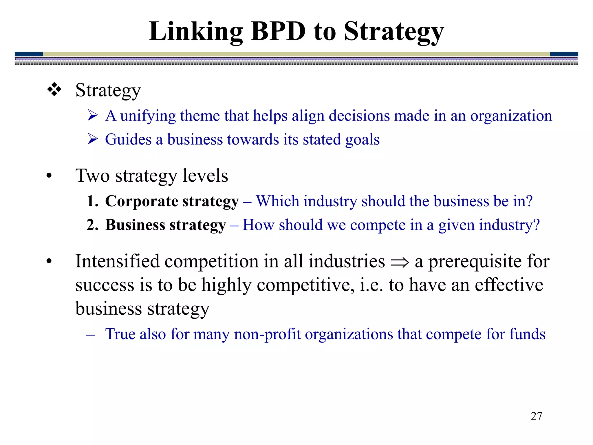 27
Linking BPD to Strategy
 Strategy
 A unifying theme that helps align decisions made in an organization
 Guides a business towards its stated goals
• Two strategy levels
1. Corporate strategy – Which industry should the business be in?
2. Business strategy – How should we compete in a given industry?
• Intensified competition in all industries  a prerequisite for
success is to be highly competitive, i.e. to have an effective
business strategy
– True also for many non-profit organizations that compete for funds
 