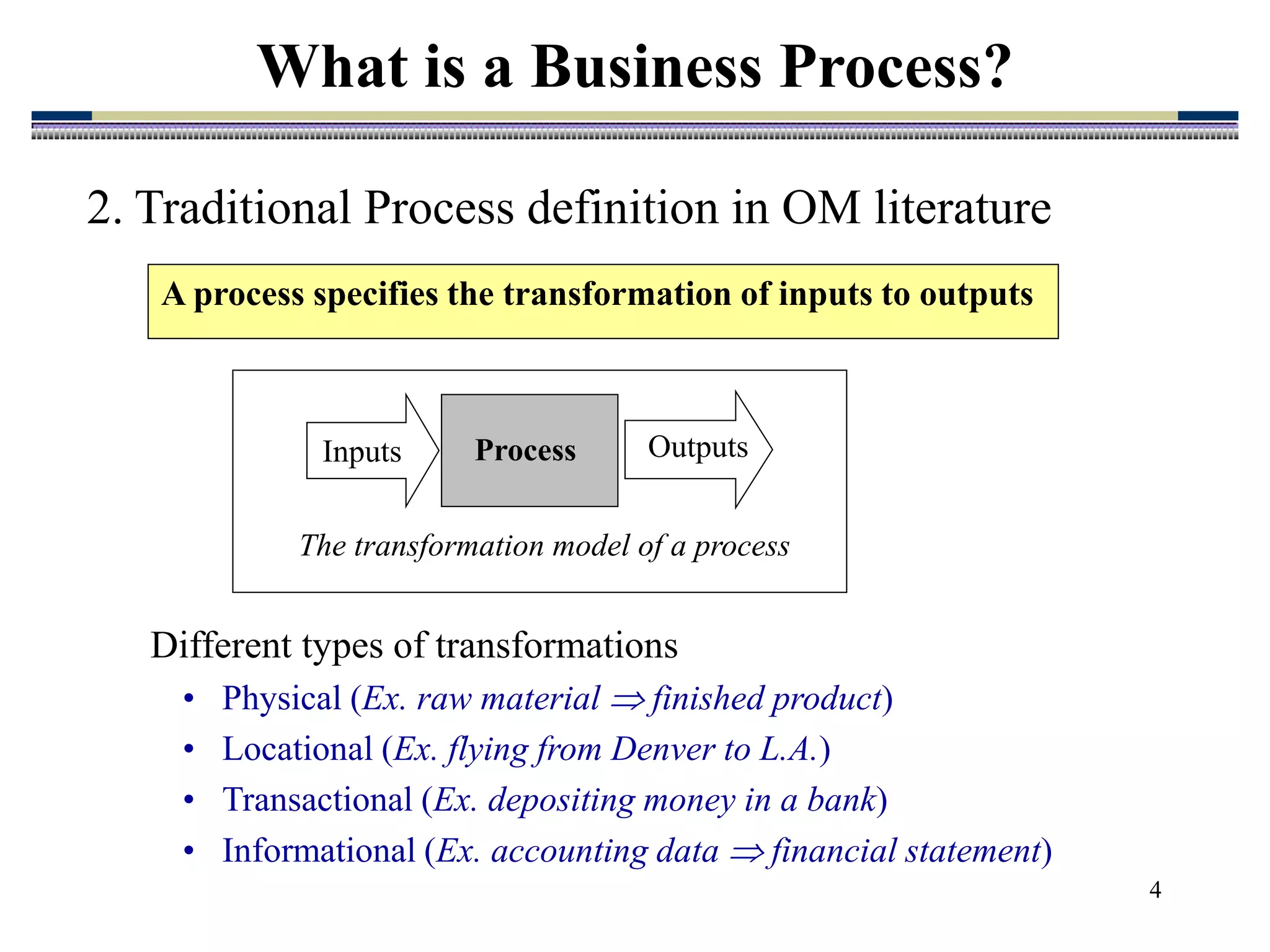 4
What is a Business Process?
2. Traditional Process definition in OM literature
A process specifies the transformation of inputs to outputs
Different types of transformations
• Physical (Ex. raw material  finished product)
• Locational (Ex. flying from Denver to L.A.)
• Transactional (Ex. depositing money in a bank)
• Informational (Ex. accounting data  financial statement)
The transformation model of a process
Inputs Outputs
Process
 
