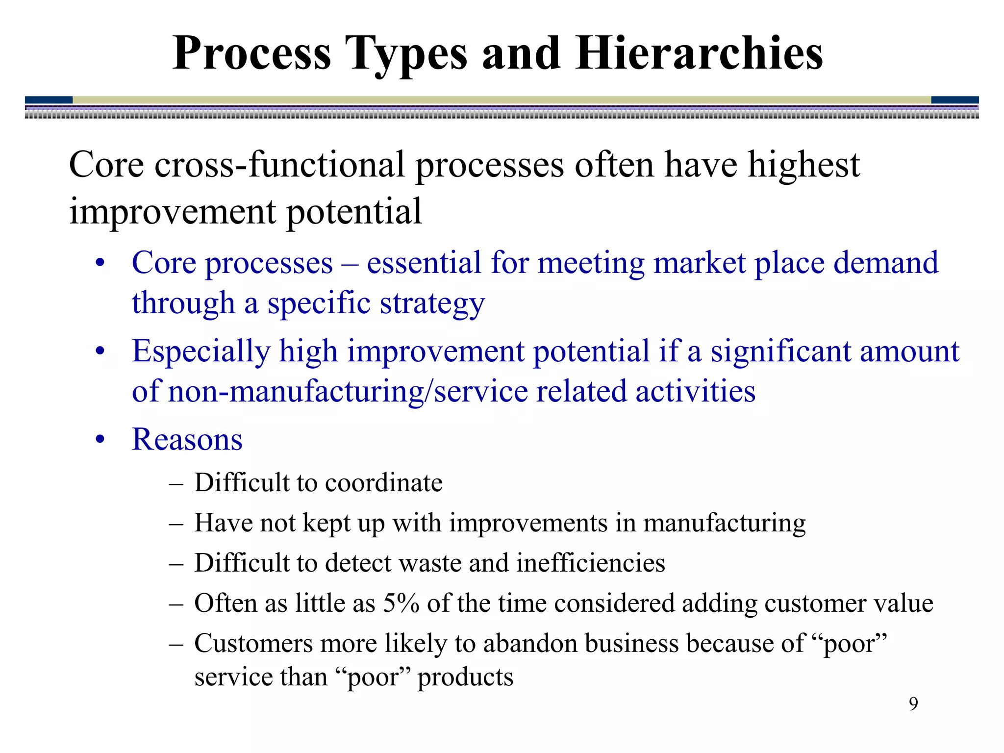 9
Process Types and Hierarchies
Core cross-functional processes often have highest
improvement potential
• Core processes – essential for meeting market place demand
through a specific strategy
• Especially high improvement potential if a significant amount
of non-manufacturing/service related activities
• Reasons
– Difficult to coordinate
– Have not kept up with improvements in manufacturing
– Difficult to detect waste and inefficiencies
– Often as little as 5% of the time considered adding customer value
– Customers more likely to abandon business because of “poor”
service than “poor” products
 