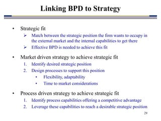 29
Linking BPD to Strategy
• Strategic fit
 Match between the strategic position the firm wants to occupy in
the external market and the internal capabilities to get there
 Effective BPD is needed to achieve this fit
• Market driven strategy to achieve strategic fit
1. Identify desired strategic position
2. Design processes to support this position
• Flexibility, adaptability
• Time to market considerations
• Process driven strategy to achieve strategic fit
1. Identify process capabilities offering a competitive advantage
2. Leverage these capabilities to reach a desirable strategic position
 