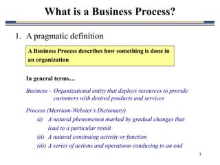 3
What is a Business Process?
1. A pragmatic definition
A Business Process describes how something is done in
an organization
In general terms…
Business - Organizational entity that deploys resources to provide
customers with desired products and services
Process (Merriam-Webster’s Dictionary)
(i) A natural phenomenon marked by gradual changes that
lead to a particular result
(ii) A natural continuing activity or function
(iii) A series of actions and operations conducing to an end
 