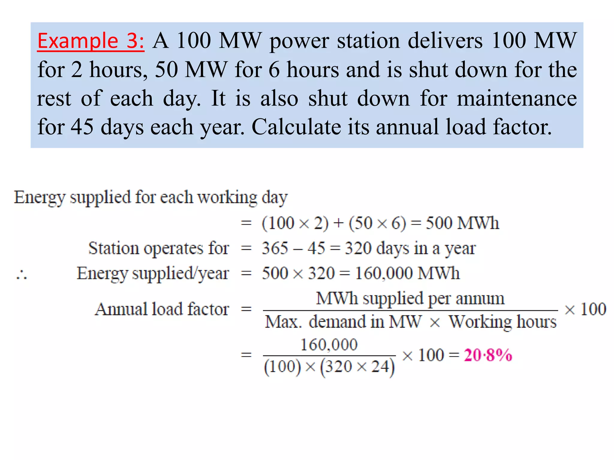 Example 3: A 100 MW power station delivers 100 MW
for 2 hours, 50 MW for 6 hours and is shut down for the
rest of each day. It is also shut down for maintenance
for 45 days each year. Calculate its annual load factor.
 