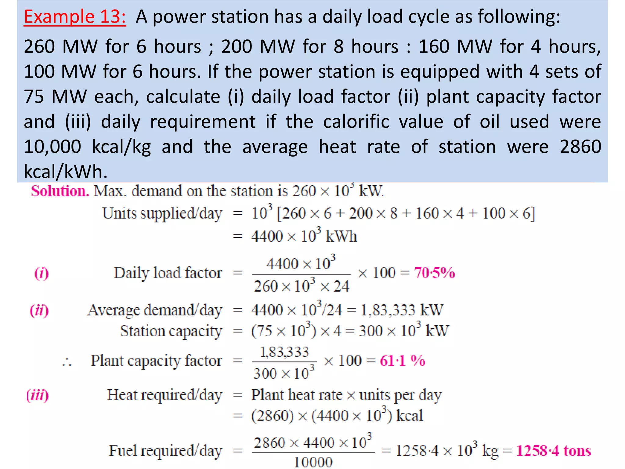Example 13: A power station has a daily load cycle as following:
260 MW for 6 hours ; 200 MW for 8 hours : 160 MW for 4 hours,
100 MW for 6 hours. If the power station is equipped with 4 sets of
75 MW each, calculate (i) daily load factor (ii) plant capacity factor
and (iii) daily requirement if the calorific value of oil used were
10,000 kcal/kg and the average heat rate of station were 2860
kcal/kWh.
 
