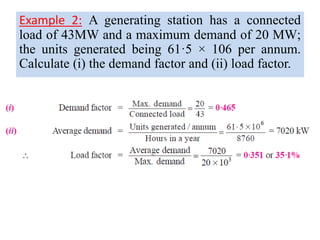Example 2: A generating station has a connected
load of 43MW and a maximum demand of 20 MW;
the units generated being 61·5 × 106 per annum.
Calculate (i) the demand factor and (ii) load factor.
 
