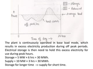 The plant is continuously operated in base load mode, which
results in excess electricity production during off peak periods.
Electrical storage is then need to hold this excess electricity for
use during peak hours.
Storage = 5 MW × 6 hrs = 30 MWh.
Supply = 10 MW × 3 hrs = 30 MWh.
Storage for longer time  supply for short time.
 