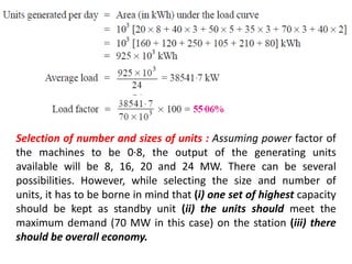Selection of number and sizes of units : Assuming power factor of
the machines to be 0·8, the output of the generating units
available will be 8, 16, 20 and 24 MW. There can be several
possibilities. However, while selecting the size and number of
units, it has to be borne in mind that (i) one set of highest capacity
should be kept as standby unit (ii) the units should meet the
maximum demand (70 MW in this case) on the station (iii) there
should be overall economy.
 